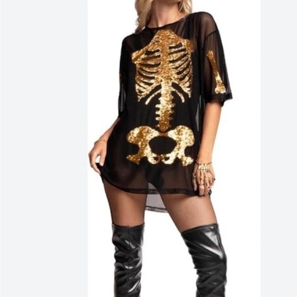 Tipsy Elves Dresses & Skirts - Tipsy Elves Black Sheer Mini Dress with Gold Sequin Skeleton